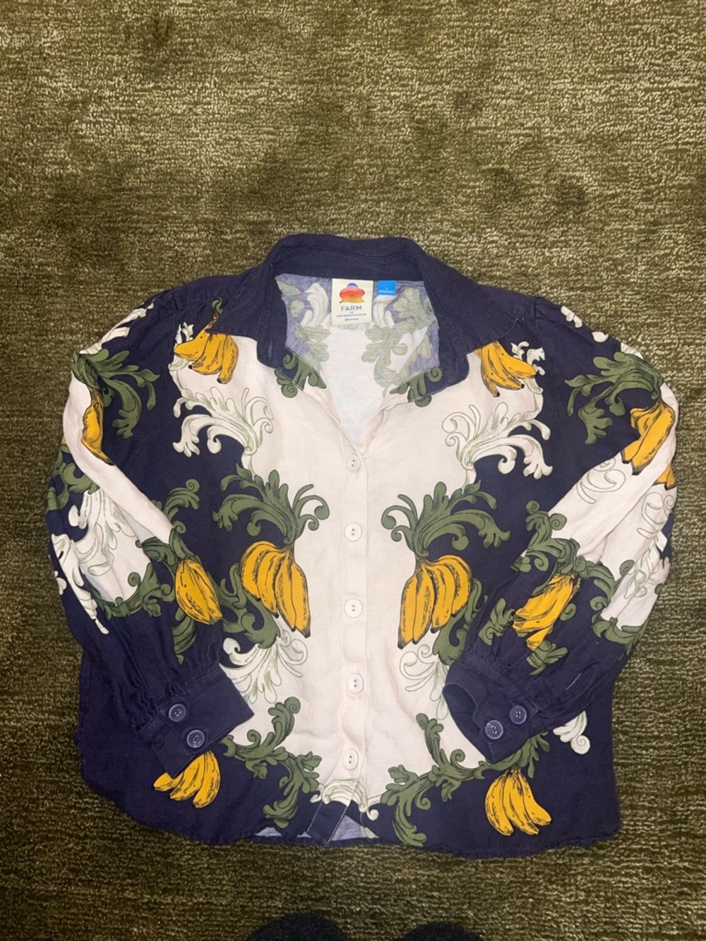 FARM Rio Navy & White Button-Down Shirt with Yellow Banana Print